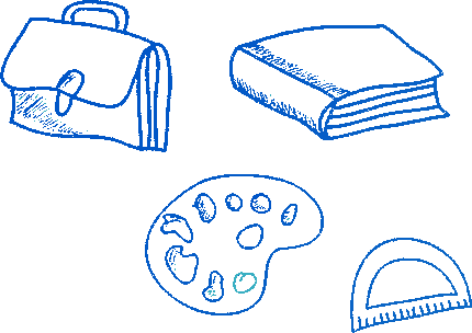 Drawing of a school bag, a book, a paint palette, and a protractor