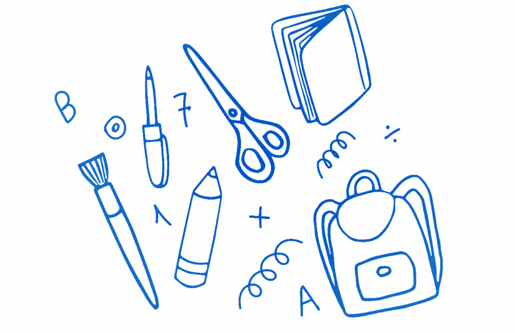 School supplies illustrated in a playful, blue line drawing, featuring scissors, pencils, a notebook, and a backpack